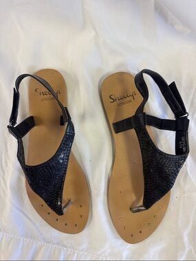 Shellys London Black Sequin T-Strap Sandals with Ankle Strap